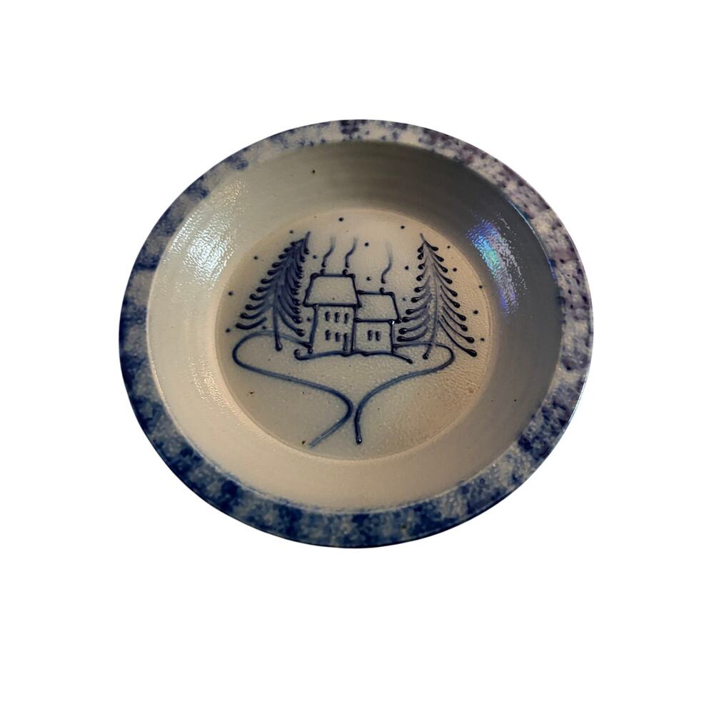 Eldreth Salt Glazed Pottery 8" Pie Dish Winter Cottage Cabin 1997 Signed